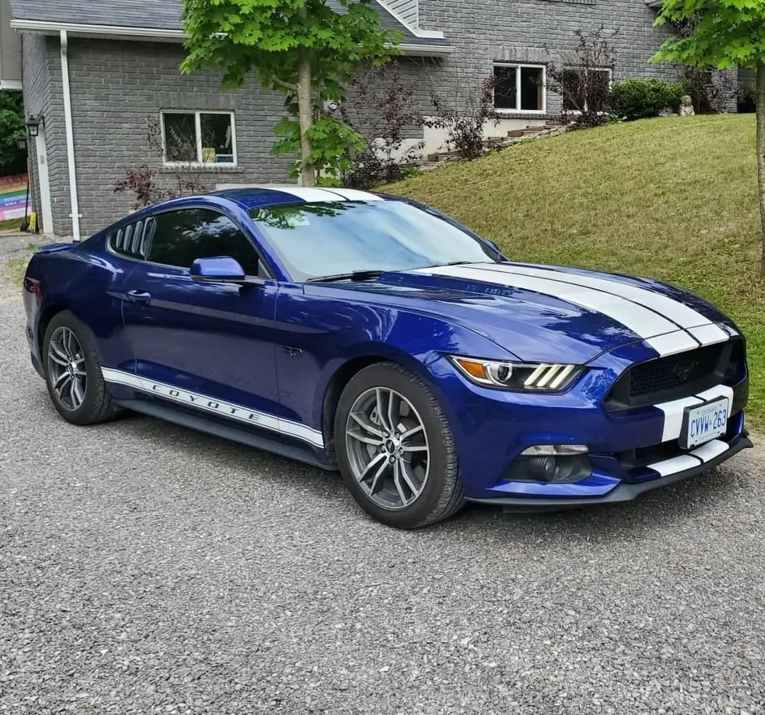 Blue Ford Mustang with white racing stripes