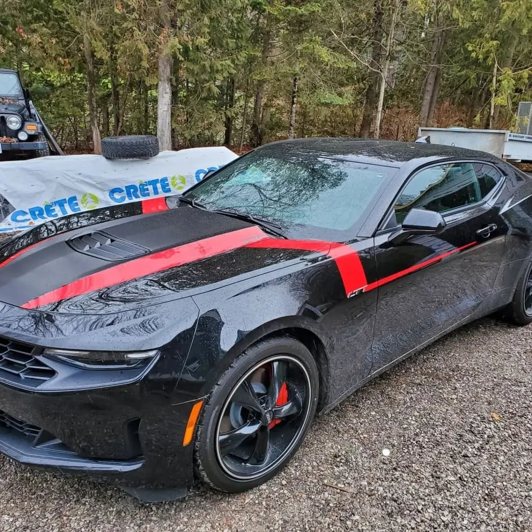 Black Camaro with red stripes