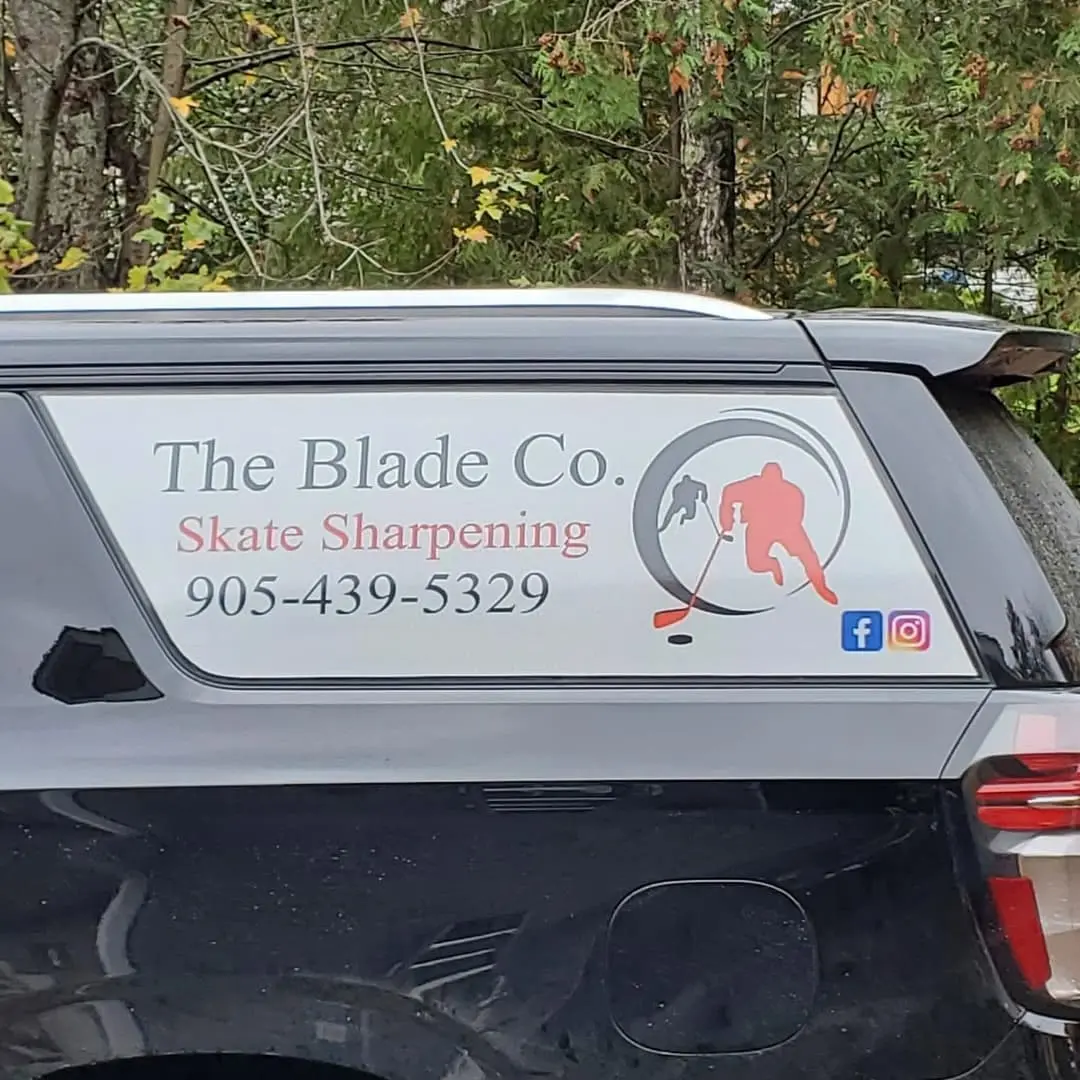 Perforated window film on The Blade Co. vehicle, see-through from inside