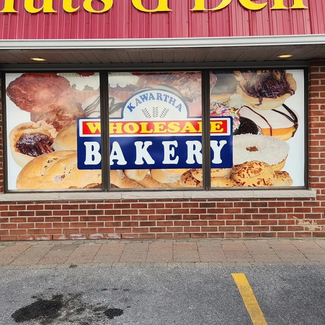 Printed window graphics on the Kawartha Wholesale Bakery storefront