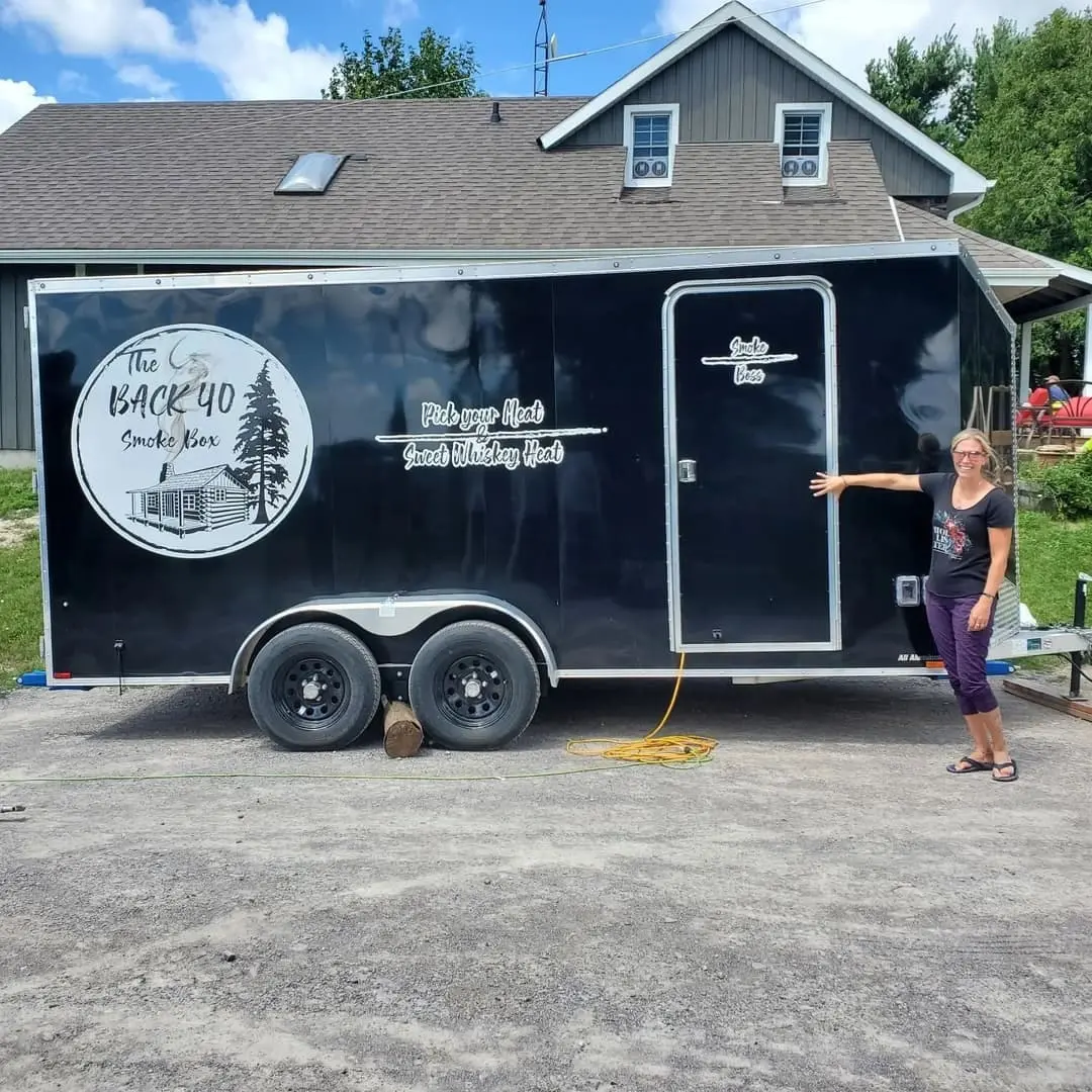 The Back 40 smokehouse food trailer, lettered