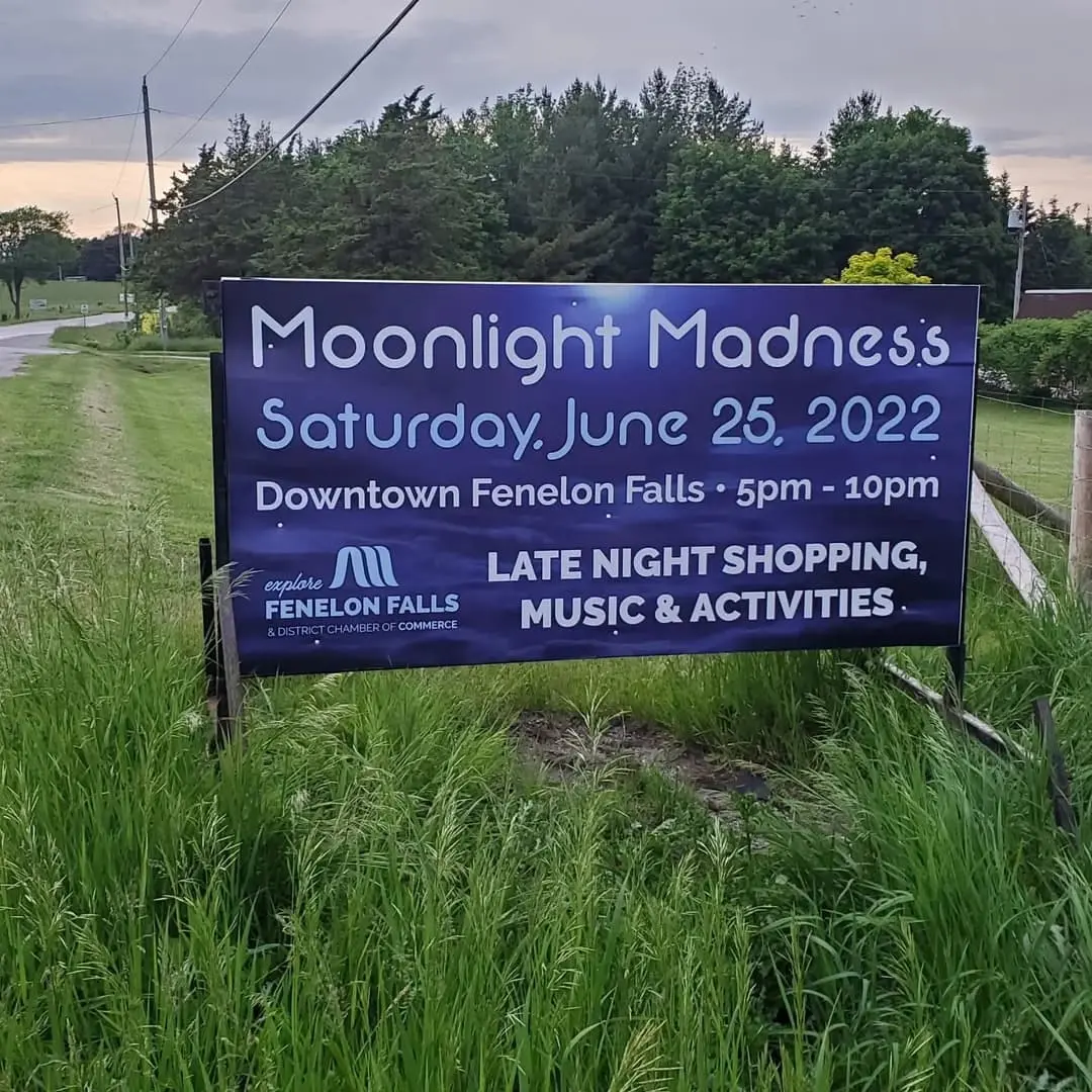 Moonlight Madness event sign for downtown Fenelon Falls